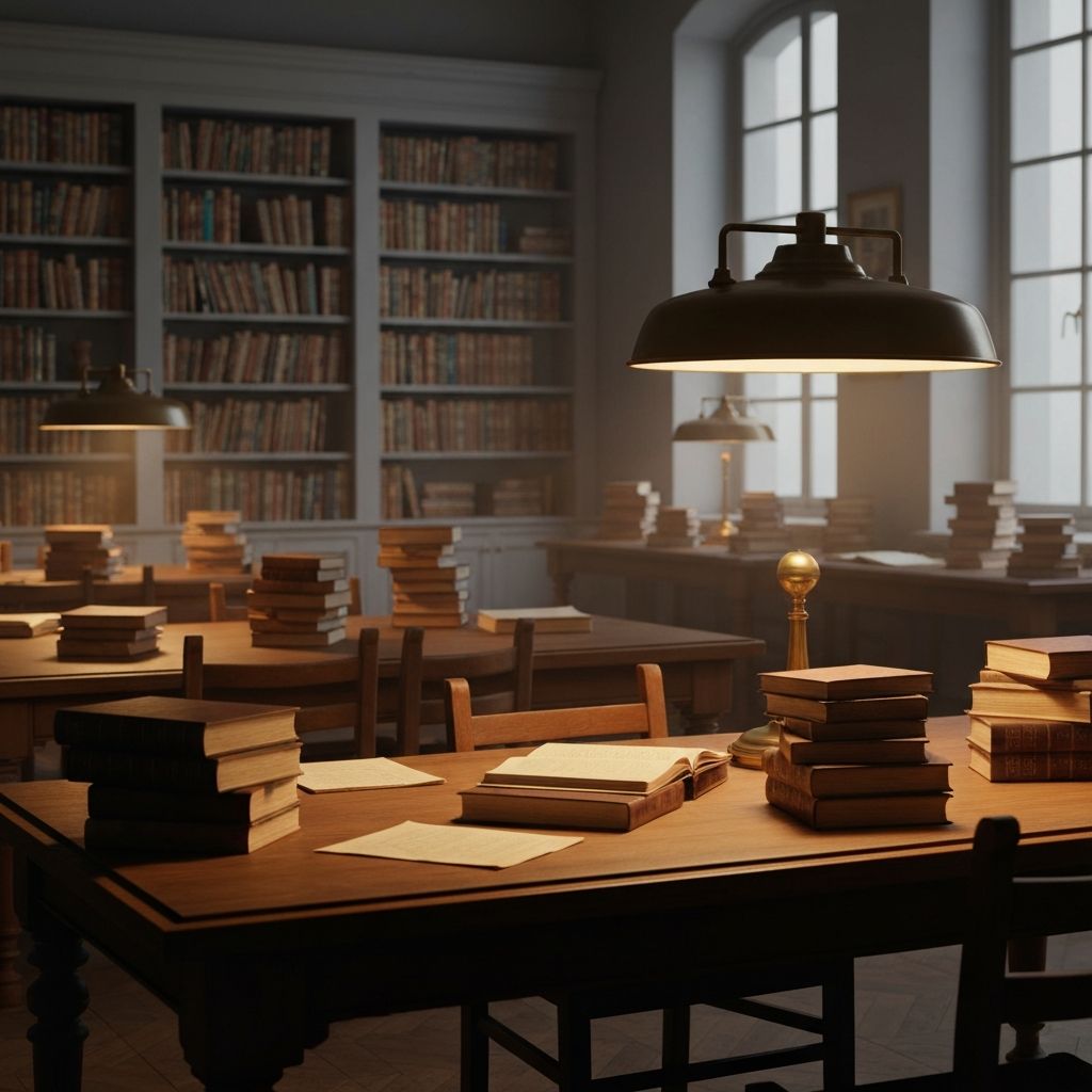 Akademische Bibliotheksumgebung mit Forschungsmaterialien und Büchern für FAQ-Kontext