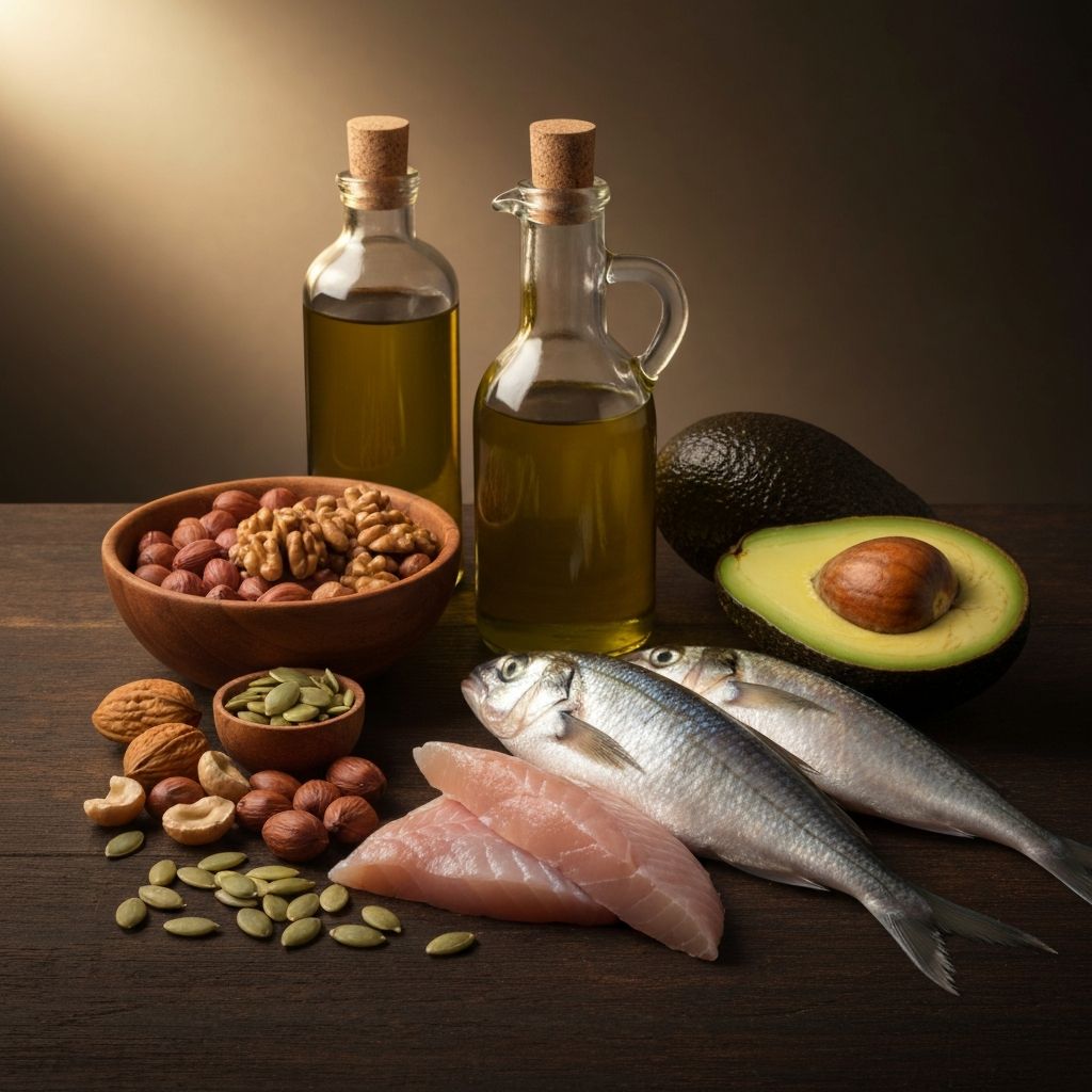 Künstlerische Anordnung von Fettquellen: Nüsse, Samen, Olivenöl und Avocado mit warmen Lichtverhältnissen