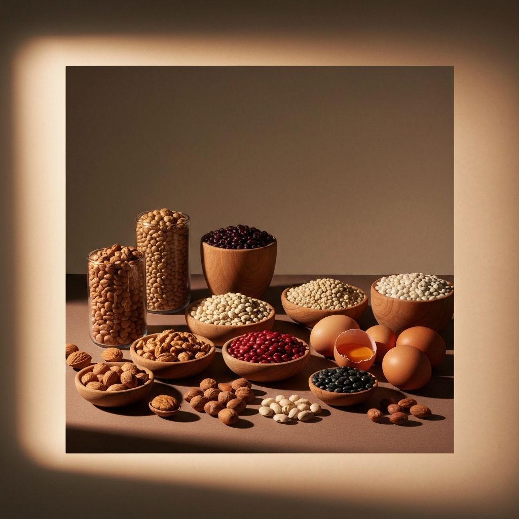 Natürliche Proteinquellen wie Nüsse, Hülsenfrüchte und Eier in kunstvoller wissenschaftlicher Anordnung
